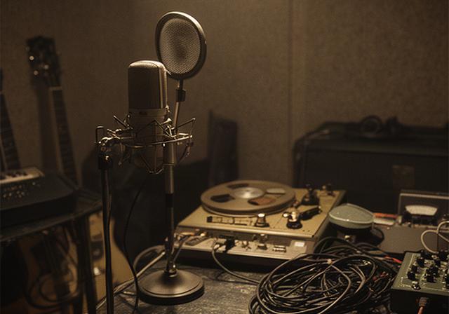 Vroege bandopname met microfoon en analoge audiotechniek in een kleine oefenruimte