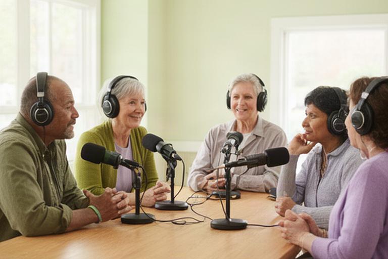 Diverse volwassenen met koptelefoon tijdens een podcastsessie in een lichte gemeenschapsruimte