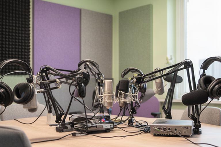Podcaststudio in Etten-Leur met microfoons, koptelefoons en akoestische panelen