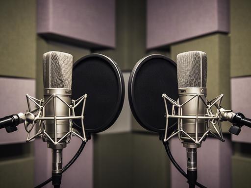 Twee Neumann-microfoons tegenover elkaar in een akoestisch behandelde opnameruimte