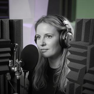 Daphne Schorren met een koptelefoon tussen akoestische panelen in de studio